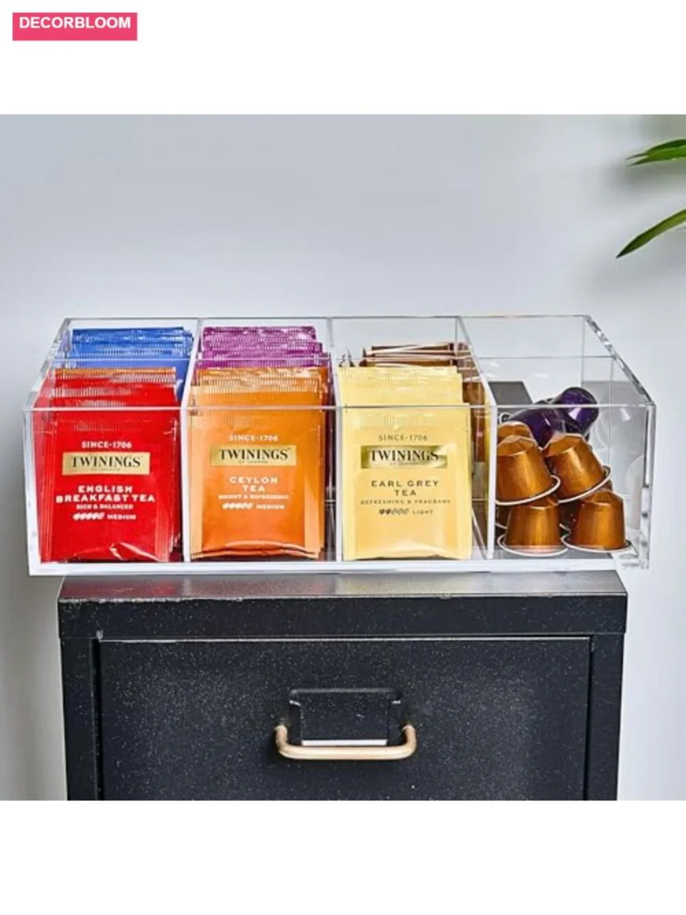 Heavy-Duty Acrylic Tea Bag Organizer, 8-Compartment Storage Box, Crystal Clear,